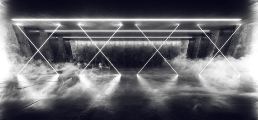 Smoke Cross Laser Fluorescent Retro Sci Fi Futuristic Neon Glowing White Cyber Luminous Lights In Dark Empty Stage Show Underground Garage Room Hall Tunnel Corridor Grunge Concrete 3D Rendering