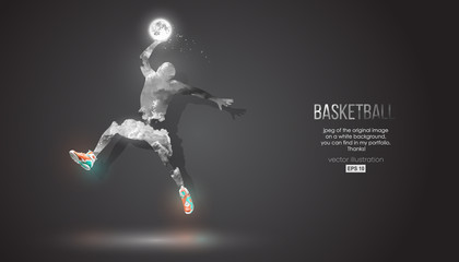 Abstract silhouette of a basketball player on dark black background from clouds, dust, smoke, steam. Basketball player jumping and performs slam dunk. Background can be changed to any other. Vector © matrosovv