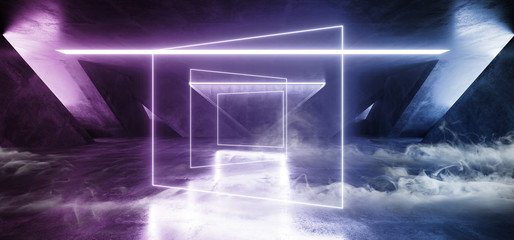 Smoke Fog Laser Fluorescent Retro Sci Fi Futuristic Neon Glowing Blue Cyber Luminous Vibrant Lights In Dark Empty Stage Show Underground Garage Room Hall Tunnel Corridor Grunge Concrete 3D Rendering