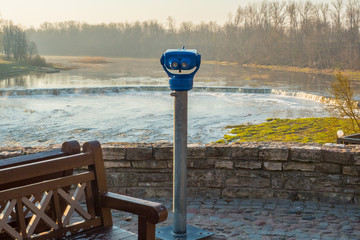 View of the Rumba Falls in the city of Kuldiga, Latvia. Early spring morning. Observation point...
