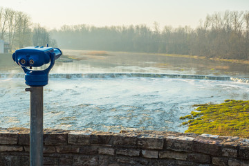 View of the Rumba Falls in the city of Kuldiga, Latvia. Early spring morning. Observation point...