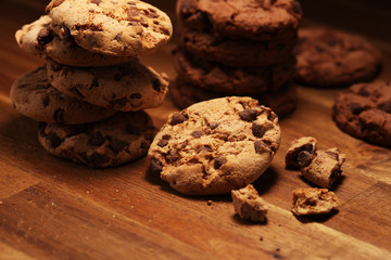 Chocolate cookies on wooden table. Chocolate chip cookies