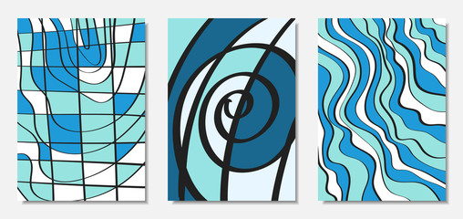 Vector Covers Set in Hand Drawn Style. Blue Abstract Backgrounds with Handwritten Wavy Lines and Shapes, Spirals, Dots. Creative Hipster Illustration. Scribble. Vector Abstractions for Wallpapers.