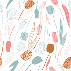 Vector floral seamless pattern with hand drawn tulips. Background with pastel colored flowers and leaves outlines.