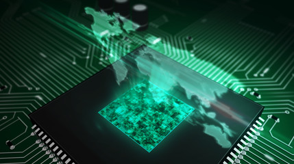 CPU on board with world map hologram