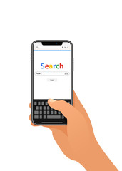 A male hand holding black modern cellphone with simple Internet Search engine form on white screen at isolated background.