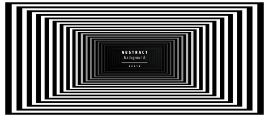 Optical background with striped black and white rectangles. Deep immersion, space tunnel, architectural corridor. Hypnotic texture, op art abstraction.