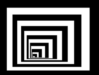 Optical background with striped black and white rectangles. Deep immersion, space tunnel, architectural corridor. Hypnotic texture, op art abstraction.