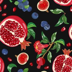 Seamless pattern of ripe pomegranate, fig fruits and blueberries. Vector