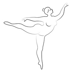Silhouette of a cute lady, she is dancing ballet. The woman has an overweight body. Girl is plump. Woman ballerina, gymnast. Vector illustration © Nataliia
