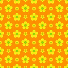 Retro Yellow and Green Floral Seamless Pattern on an Orange Background