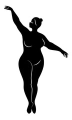 Silhouette of a cute lady, she is dancing ballet. The woman has an overweight body. Girl is plump. Woman ballerina, gymnast. Vector illustration