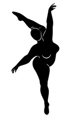 Silhouette of a cute lady, she is dancing ballet. The woman has an overweight body. Girl is plump. Woman ballerina, gymnast. Vector illustration © Nataliia
