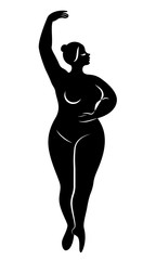 Silhouette of a cute lady, she is dancing ballet. The woman has an overweight body. Girl is plump. Woman ballerina, gymnast. Vector illustration © Nataliia
