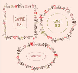 Pastry frames set decorated assorted bakery and drinks