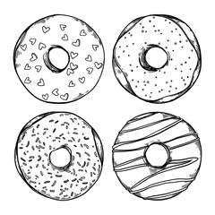 Hand drawn vector illustration - Set of tasty donuts. Sketch. Sweet desserts. Perfect for leaflets, cards, posters, prints, menu, booklets - 264289464