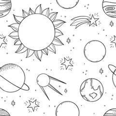 Space Background. Hand drawn vector illustrations. Сosmic doodle seamless pattern with planets, stars, satellite. Solar system and universe