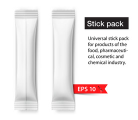 Universal stick pack for products of the food, pharmaceutical, cosmetic and chemical industry. Possibility use for granulated, powder, viscous products. Vector illustration on white background. EPS10