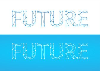 Future - caption in blue color isolated on white and blue color. Label with word title in style of network with links and connections symbolizing future, social connections and progress of high tech.