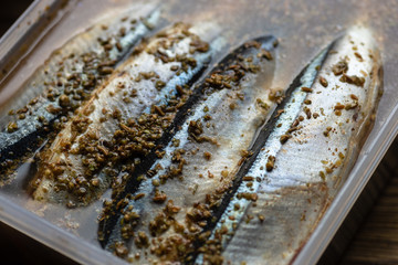 Marinated saury in a container with  and herbs