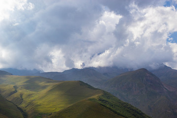 View of Caucasus mountains near Kazbek peak, Stepantminda, Georgia