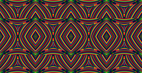 Color seamless pattern with hypnotic trance texture. Multicolored glitched background. Op art unique bright kaleidoscope. Psychedelic trippy art.