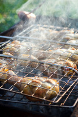 barbecue smoked chicken legs preparing on metal grill at outdoor, selective focus