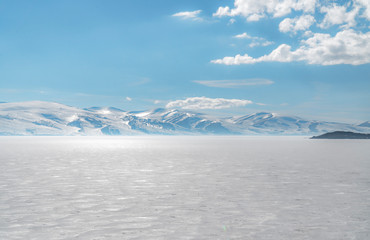 frozen lake with surrounding snow covered rocky mountains 