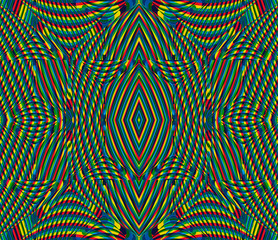Color seamless pattern with hypnotic trance texture. Multicolored glitched background. Op art unique bright kaleidoscope. Psychedelic trippy art.