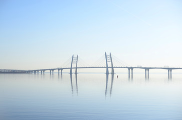 Fototapeta na wymiar Gulf of finland and Cable bridge in Saint Petersburg.