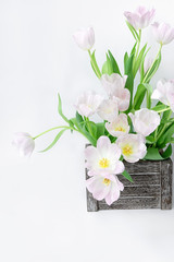 A bouquet of gently pink tulips in a wooden box on a white background.