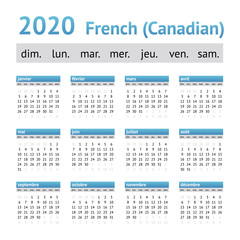 2020 French American Calendar (Canadian). A week starts on Sunday