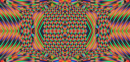 Color seamless pattern with hypnotic trance texture. Multicolored glitched background. Op art unique bright kaleidoscope. Psychedelic trippy art.