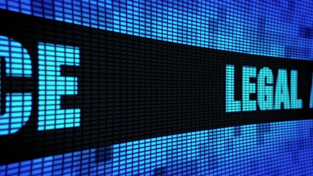 Legal Advice Side Text scrolling on Light Blue Digital LED Display Board Pixel Light Screen Looped Animation 4K background. Sign Board , Blinking Light, Pixel Monitor, LED Wall Pannel