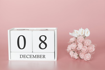 December 08th. Day 8 of month. Calendar cube on modern pink background, concept of bussines and an importent event.