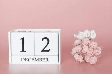 December 12th. Day 12 of month. Calendar cube on modern pink background, concept of bussines and an importent event.
