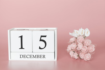 December 15th. Day 15 of month. Calendar cube on modern pink background, concept of bussines and an importent event.