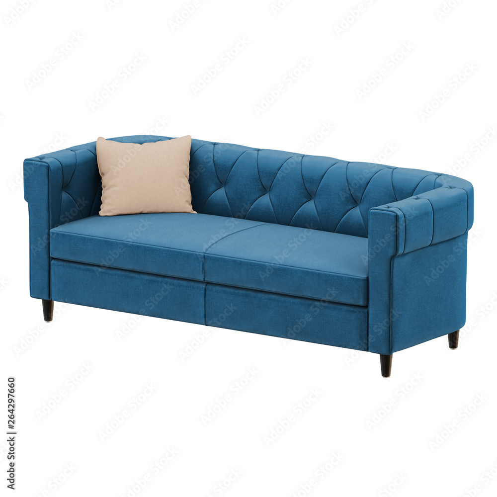 Poster blue sofa with pillow isolated background 3d rendering