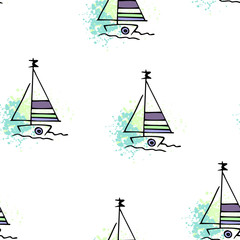Childish pattern yachts silhouette on wave.
