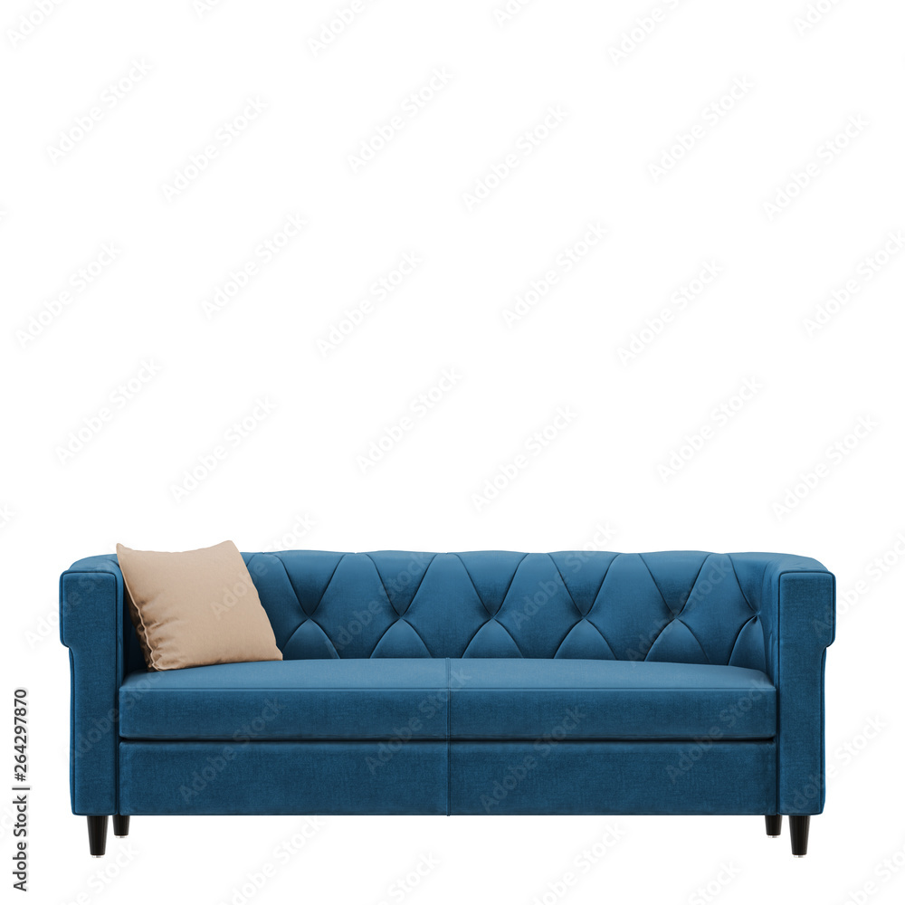 Poster blue sofa front view with pillow isolated background 3d rendering