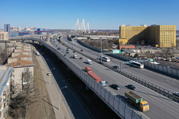 Aerial view of the ring road in the vicinity of the cable-stayed bridge. St. Petersburg