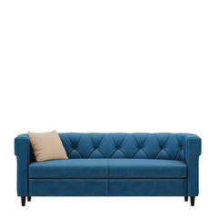 Blue sofa front view with pillow isolated background 3d rendering