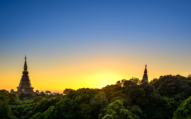 Landscape of pagoda on the top of Inthanon mountain and Evergreen forest location at Doi Inthanon National Park Chiang Mai Thailand 2-2015.