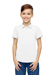 fashion and people concept - happy smiling boy in white blank polo t-shirt