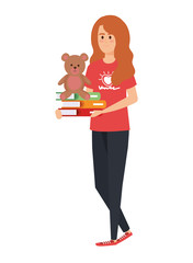 woman volunteer with books and bear teddy