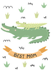 Best Mom card with a cute crocodiles - mother and baby. Vector illustration