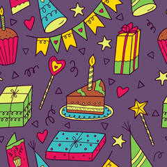 Happy birthday seamless colorful pattern on a dark background. Vector illustration in hand drawn style.