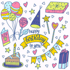 Set of vector elements Happy Birthday. Vector illustration in hand drawn style.