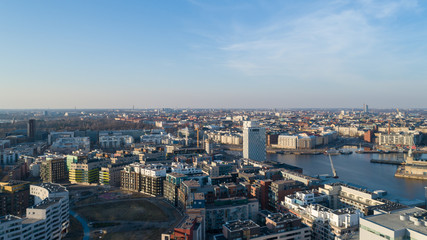 Beautiful view of Helsinki city at sunset. New modern houses in Jatkasaari. 