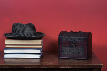 table with books and other elements